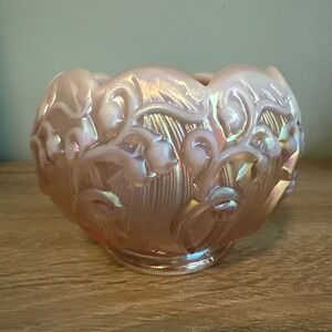 Vtg FENTON‎ Pink Iridescent Carnival Glass Rose Bowl Lily Of The Valley Signed